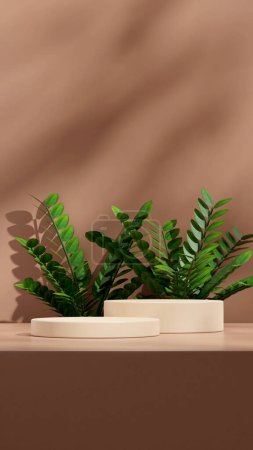 Photo for Zamia house plant background 3D rendering mockup template light brown cylinder podium in portrait - Royalty Free Image