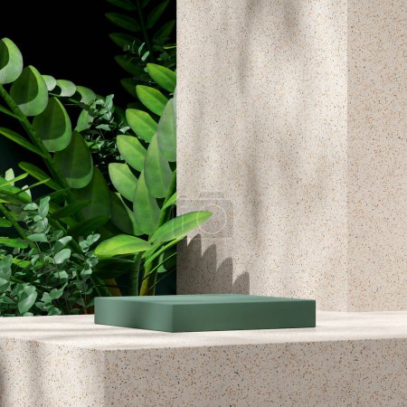 Photo for 3D rendering mockup space green rectangle podium in square terrazzo texture wall and zamia plants - Royalty Free Image