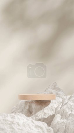 Téléchargez les photos : White rocks and beige wall 3D render image mockup space brown nature terrazzo podium in portrait - en image libre de droit