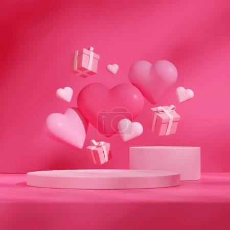 scene template cylinder pink podium in square floating pink hearts and gift box 3d render image