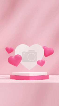 Téléchargez les photos : 3d render blank mockup white and pink heart shape podium in portrait floating hearts shape backdrop - en image libre de droit