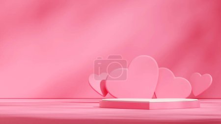 pink and white heart podium in landscape pink scene and heart shape rendering 3d blank mockup