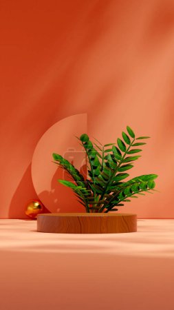 Photo for 3d rendering blank space brown wood podium in portrait dark orange wall and green zamia plant - Royalty Free Image