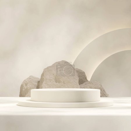 3d render empty mockup white cylinder podium in square rock background, semi circle