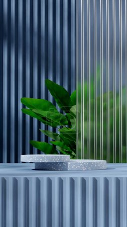 Foto de Calathea lutea, pared de vidrio, 3d render imagen plantilla maqueta azul terrazo podio en retrato - Imagen libre de derechos