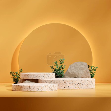 Photo for Backlit yellow circle background, 3d render template mockup cylinder terrazzo podium in square - Royalty Free Image