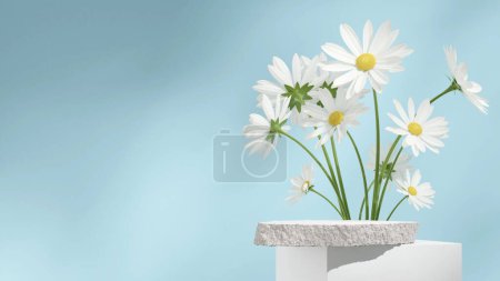 Photo for Daisy flower and sky blue wall, 3d render image blank space white rock podium in landscape - Royalty Free Image