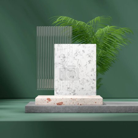 Photo for 3d render mockup template concrete and terrazzo podium in square glass and marble backdrop - Royalty Free Image