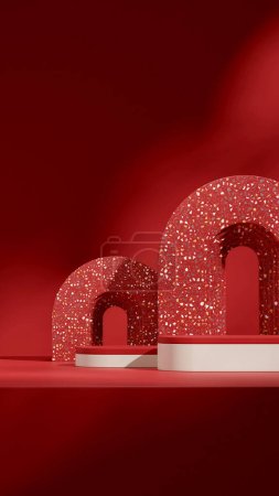 Photo for Empty scene white and red podium in portrait terrazzo pattern arch background, 3d image render - Royalty Free Image