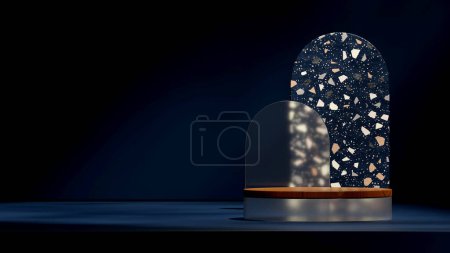 Photo for In landscape blue terrazzo arch background, 3d image render scene mockup wood and glass podium - Royalty Free Image