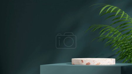 Photo for Blank mockup red terrazzo podium in landscape green aracea palm and blue wall, rendering 3d - Royalty Free Image