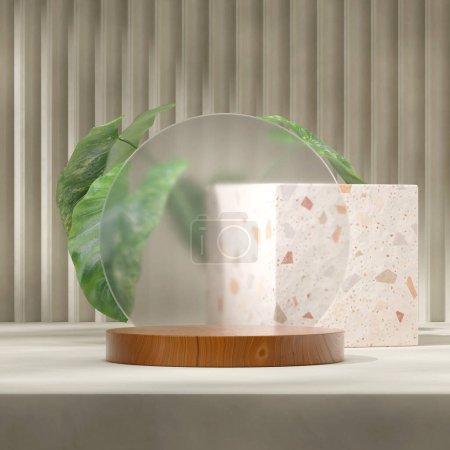 Photo for 3d render mockup template wood textured podium in square alocasia plant and terrazzo cube - Royalty Free Image
