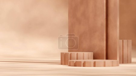 Photo for In landscape cylinder pillar background, rendering 3d blank mockup brown textured podium - Royalty Free Image
