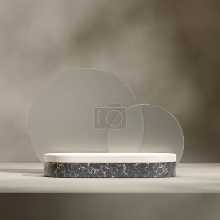 podium en marbre blanc et noir dans un cercle de verre carré, rendant l'espace vide 3d