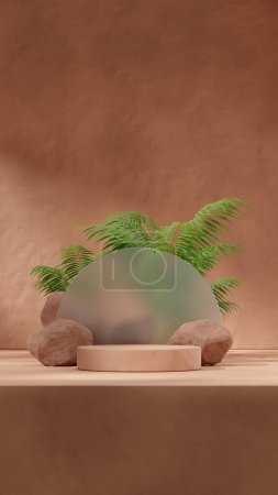 scene template brown podium in portrait palm plant, rock, and glass backdrop, 3d render image