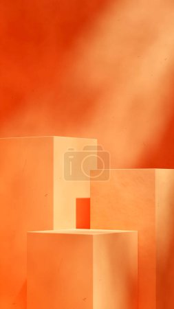 Blockform und Wandhintergrund, 3D-Bild rendern leere Mockup orange Farbe Podium im Portrait