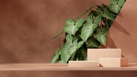 3d render image blank mockup brown terrazzo podium in landscape green leaf plant and textured wall