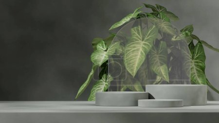 Szene-Attrappe dunkelgrüner Zylinder Podium in Landschaft grünes Blatt Pflanze Hintergrund, 3D-Bild rendern