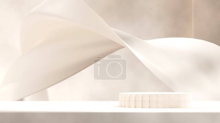 in Landschaft schwimmenden Stoff Hintergrund, Rendering 3d blanke Attrappe helle weiße Farbe Podium