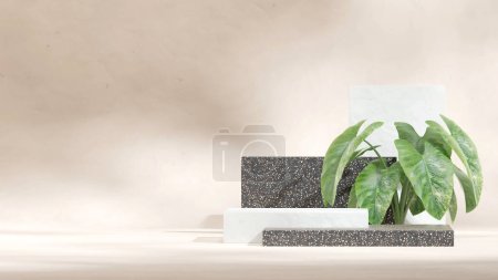 Foto de Verde alocasia planta telón de fondo, 3d renderizar vacío maqueta negro terrazo podio en el paisaje - Imagen libre de derechos