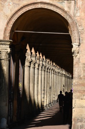 Bologna ist berühmt dafür, die Stadt der Arkaden zu sein. Sie sind wunderschön, sehr rot gefärbt, mit wunderbaren Kapitellen und schönen Fußböden aus altem Splitt.