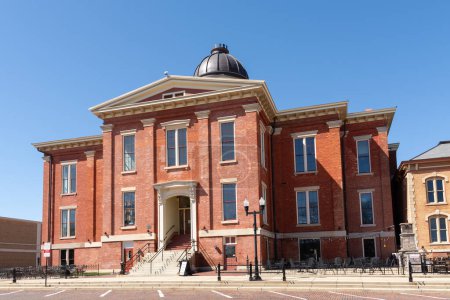 Woodstock, Illinois - United States - April 8th, 2024: Exterior of the historical Old McHenry County Courthouse, built in 1857, in Woodstock, Illinois, USA.