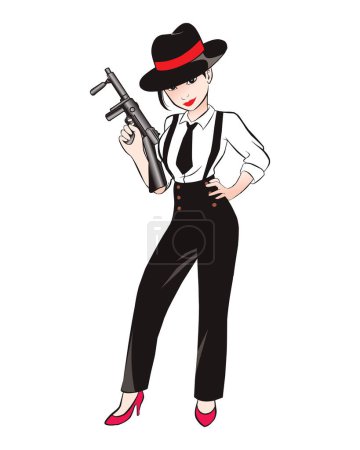 Téléchargez les illustrations : Woman mafia standing on white background. wear hat and hold gun. vector illustration isolated cartoon hand drawn background - en licence libre de droit