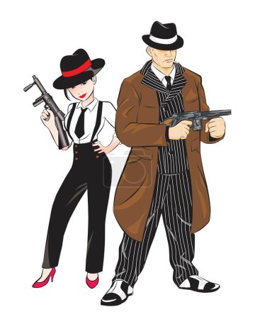 Téléchargez les illustrations : Man and Woman mafia standing on white background. wear hat and hold gun. vector illustration isolated cartoon hand drawn background - en licence libre de droit