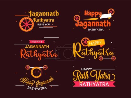 Happy Rath Yatra kreative Typografie Emblem und Abzeichen Set für indisches Fest auf Dark Background Vector Illustration.