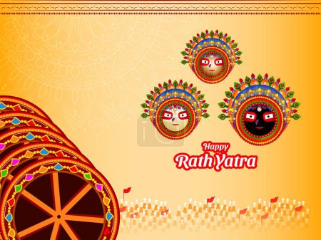 Illustration for Happy Rath yatra vector illustration of Lord Jagannath, Balabhadra and Subhadra on traditional background. - Royalty Free Image