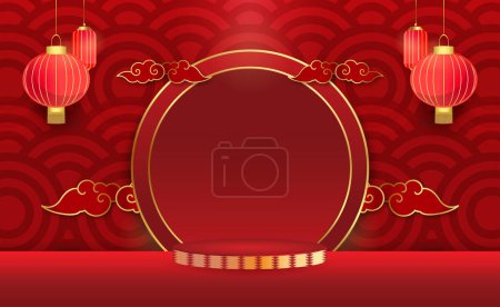Téléchargez les illustrations : Affichage du podium du Nouvel An chinois rouge avec espace de copie - en licence libre de droit