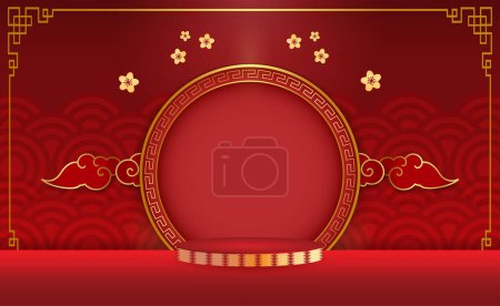 Téléchargez les photos : Affichage du podium du Nouvel An chinois rouge avec espace de copie dans un cadre doré - en image libre de droit