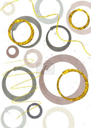 Photo for Coffee cup and gold abstract rings different colors isolated on a white vertical background. High quality illustration. - Royalty Free Image