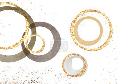 Photo for Coffee cup and gold abstract rings different colors isolated on a white horizontal background. High quality illustration. - Royalty Free Image