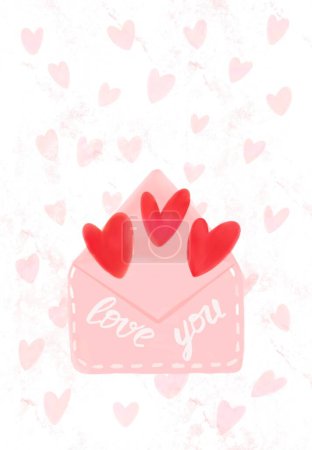 Photo for Card for Valentines day. Watercolor flat red and pink hearts drawn by a brush flying from envelope. Simple, minimalistic, holiday card. High quality illustration. - Royalty Free Image