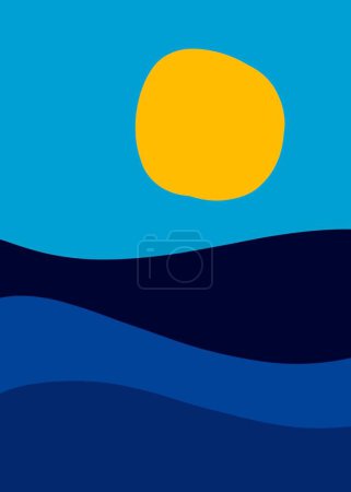 Photo for Mountain, sea view. Hills, sun, moon. Paper cut style. Flat abstract design blue and yellow. Scandinavian illustration. Hand drawn trendy background. High quality illustration. - Royalty Free Image