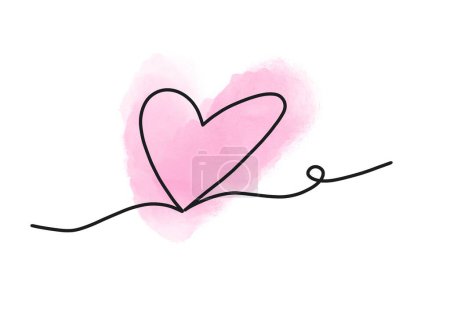 Photo for Heart shape outline black contour and pink watercolor background. Abstract love symbol. Continuous line art drawing illustration. High quality image. - Royalty Free Image