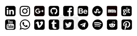 Photo for Black icon set of social apps isolated on white background.  Facebook, Linkedin,  Youtube, Whatsapp, Google-plus, Vimeo, Tumblr, Github, Twitter, Behance, Telegram,  Stumbleupon, Spotify, Reddit, Imdb, Git, Pinterest apps icon. - Royalty Free Image