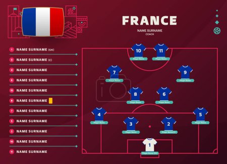 Illustration for France line-up world Football 2022 tournament final stage vector illustration. Country team lineup table and Team Formation on Football Field. soccer tournament Vector country flags. - Royalty Free Image