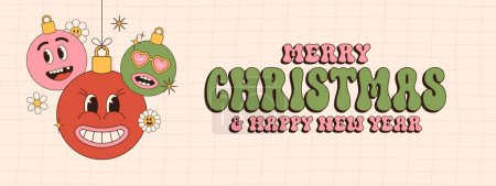 Illustration for Groovy christmas greeting card. Merry Christmas and Happy New year greeting card, poster, print, party invitation, background.. - Royalty Free Image