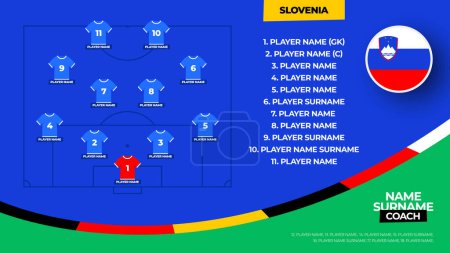 Slowenien Fußballmannschaft Anfangsformation. Das Aufgebot für die Fußball-WM 2024 steht in der Grafik für die Startaufstellung. Vektorillustration.