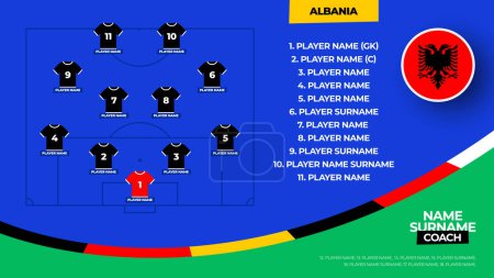 Albanien Fußballmannschaft Anfangsformation. Das Aufgebot für die Fußball-WM 2024 steht in der Grafik für die Startaufstellung. Vektorillustration.