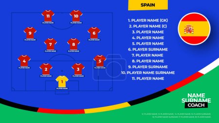 Spanien Fußballmannschaft Startformation. Das Aufgebot für die Fußball-WM 2024 steht in der Grafik für die Startaufstellung. Vektorillustration.