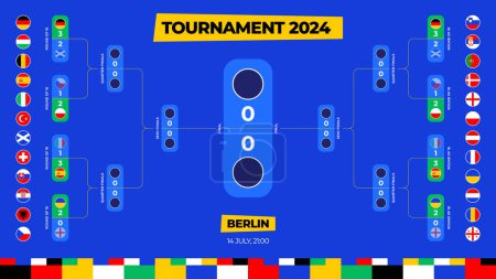 Fútbol 2024 Calendario de partidos cuadro gráfico de la pared del torneo cuadro de resultados de fútbol con banderas de los países europeos vector ilustración.