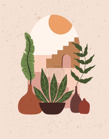 Illustration for Composition of house plants in flowerpots and plants in vases. Landscape with desert, house and stair. - Royalty Free Image