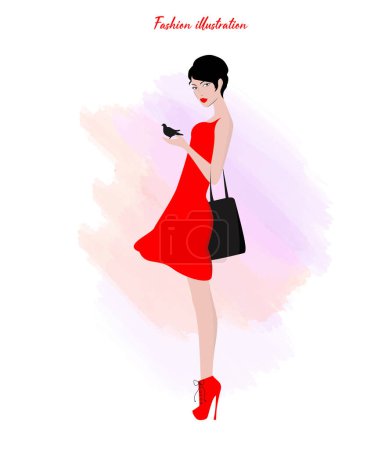 Illustration for Fashion woman in red dress on watercolor background. Vector illustration - Royalty Free Image