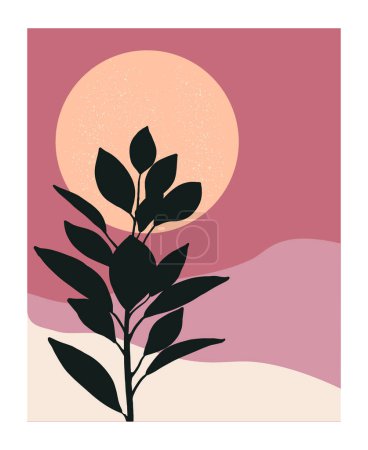 Ilustración de Paisaje abstracto con un elemento floral y montañas - Imagen libre de derechos