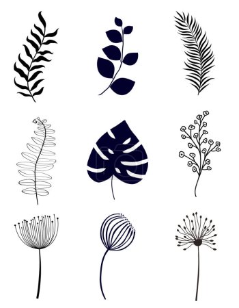 Téléchargez les illustrations : Ensemble d'éléments floraux isolés sur blanc. Illustration vectorielle - en licence libre de droit