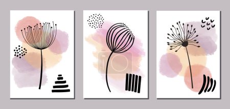 Téléchargez les illustrations : Ensemble de fonds abstraits aquarelle moderne avec des fleurs de pissenlit. Illustration vectorielle - en licence libre de droit