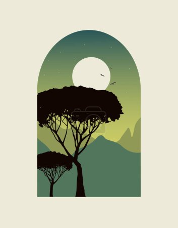 Téléchargez les illustrations : Illustration des silhouettes des arbres et des montagnes. Illustration vectorielle - en licence libre de droit